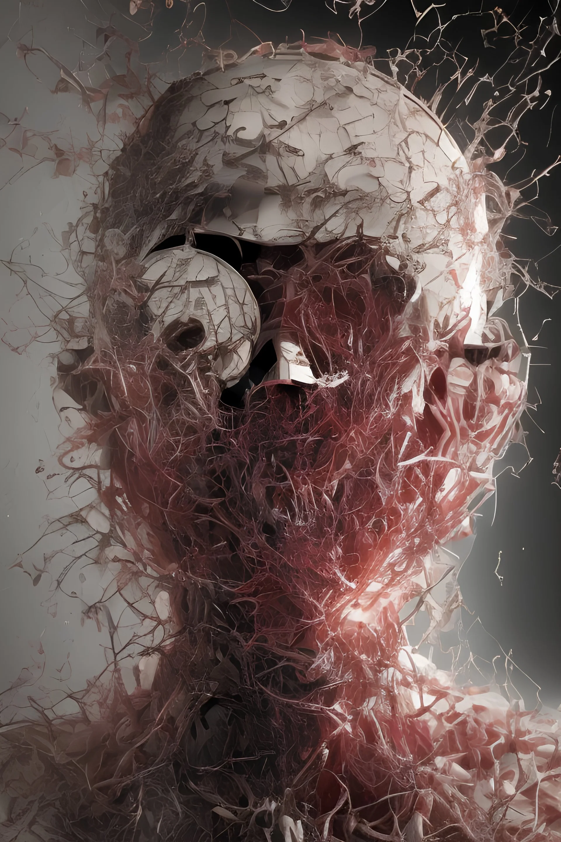 A realistic , 8k high quality image of a person's face from above, face is covered with a plastic, can't breath, suffocating with the face showing like vacuumed under the plastic, eyes open and looking in fear, metaphorically depicting the suffocating grip of anxiety, gothic and dramatic, chaos80 , with debree flying around, abstract