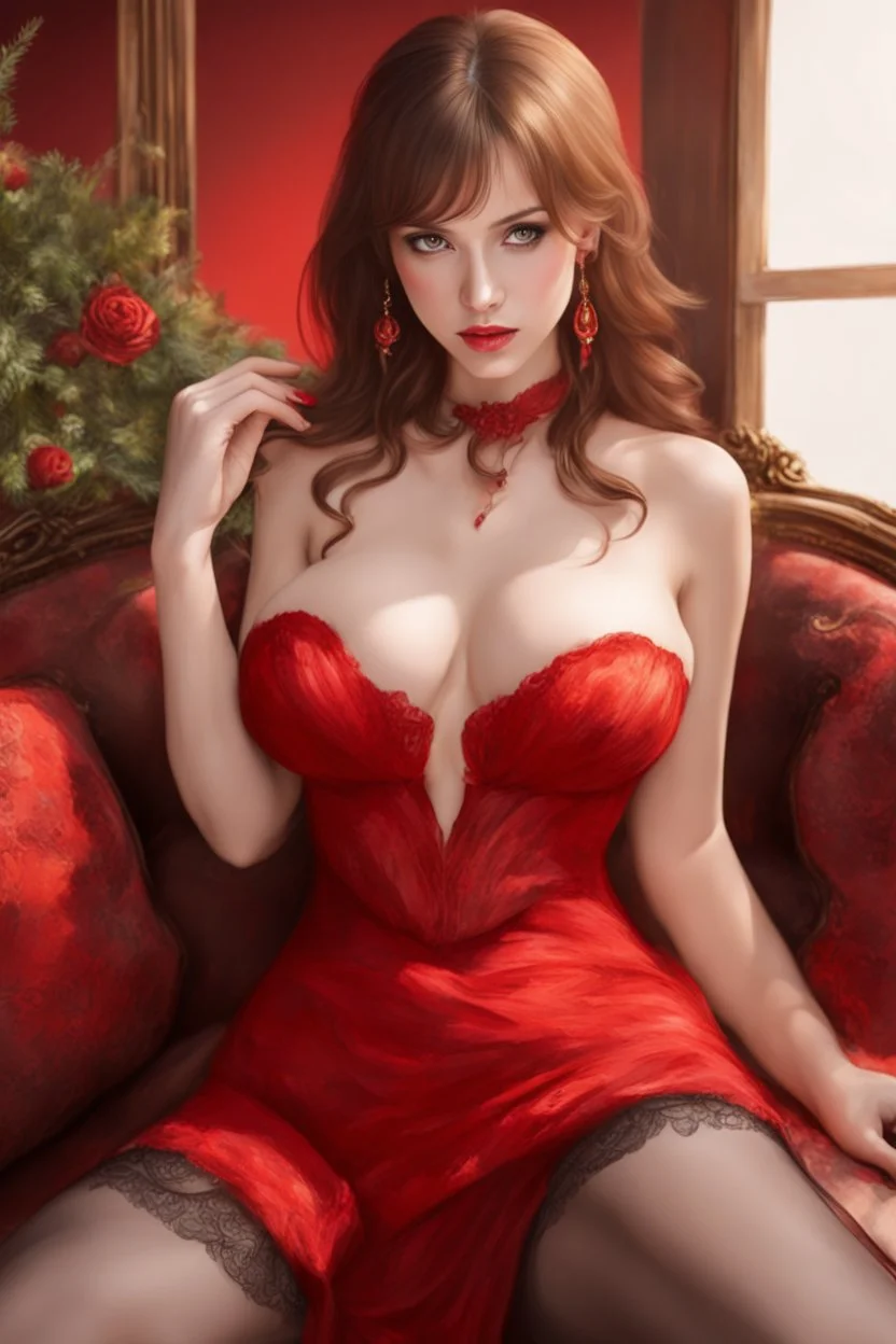 A stunning, seductive woman in a fiery red dress, casting a shy glance over her shoulder.