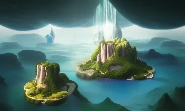 floating islands with waterfalls connecting each other whimsical surrealism, based on child's drawing, lsd trip, dream recording, deep - space imaging fantastical setting isometric view octane render, art by salvador dali, greg rutkowski studio ghibli