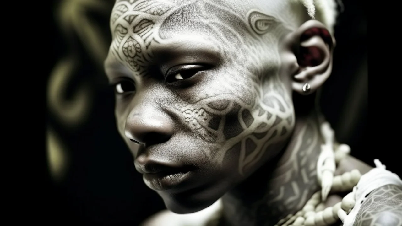 extreme close up an albino African person with tattoo, augmented reality, afrofuturism, abstract surrealism, tintype , performance art