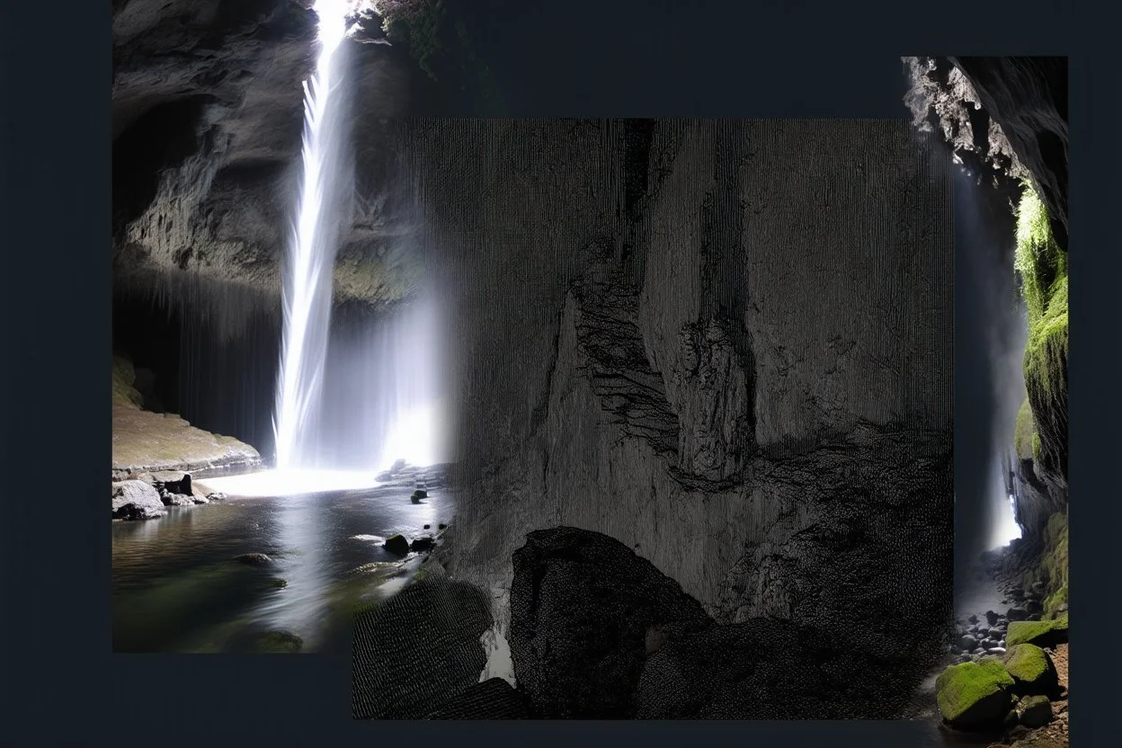 cliffside path winds through the mossy caves towards the light in the ceiling