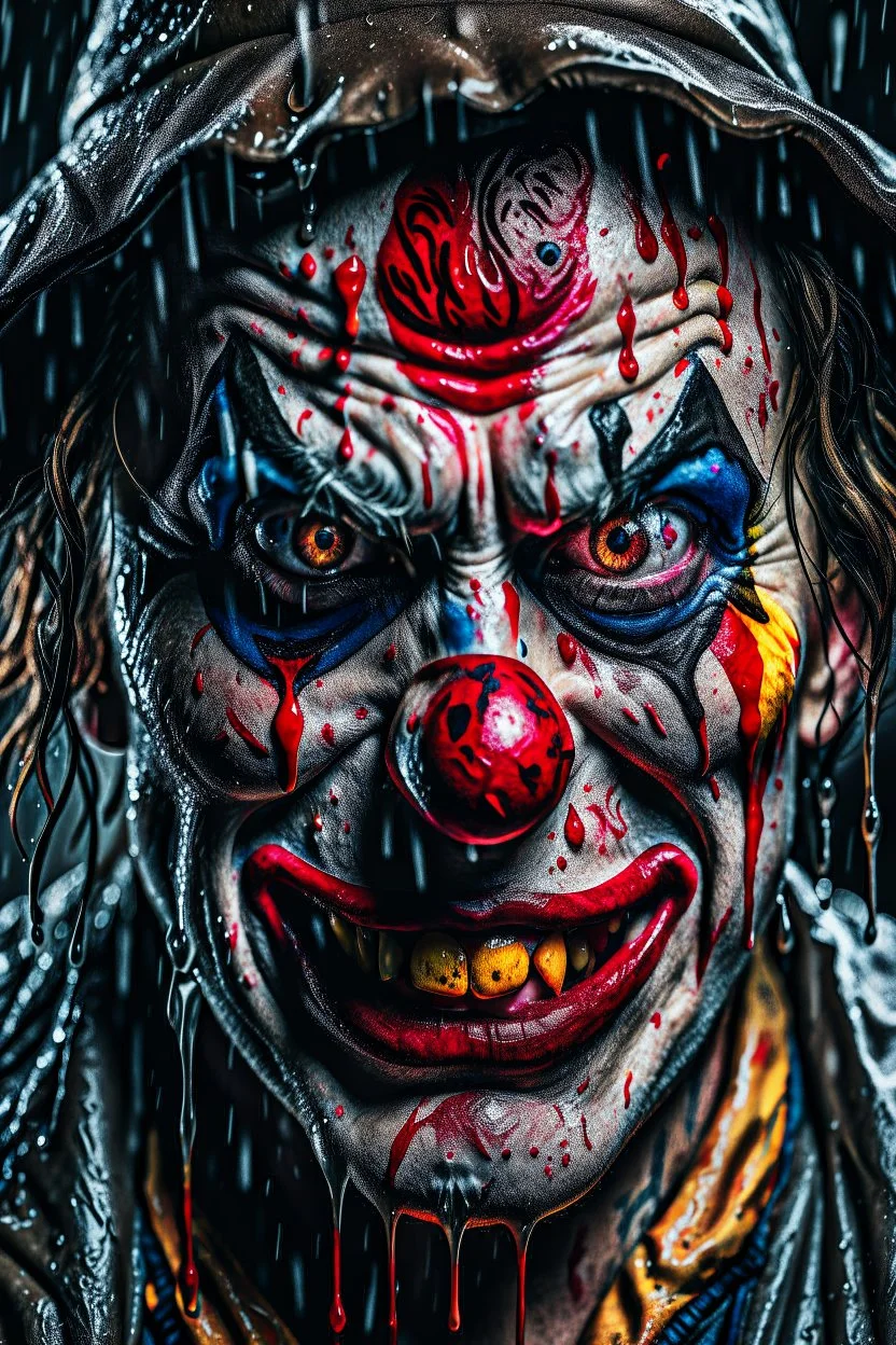 ultra detailed and highly realistic image of a gothic, scary clown, close up of him standing in the rain, the rain messed up his face makeup as it smudged of his face, chaotic, dramatic upclose view, 32k, splatter paint style