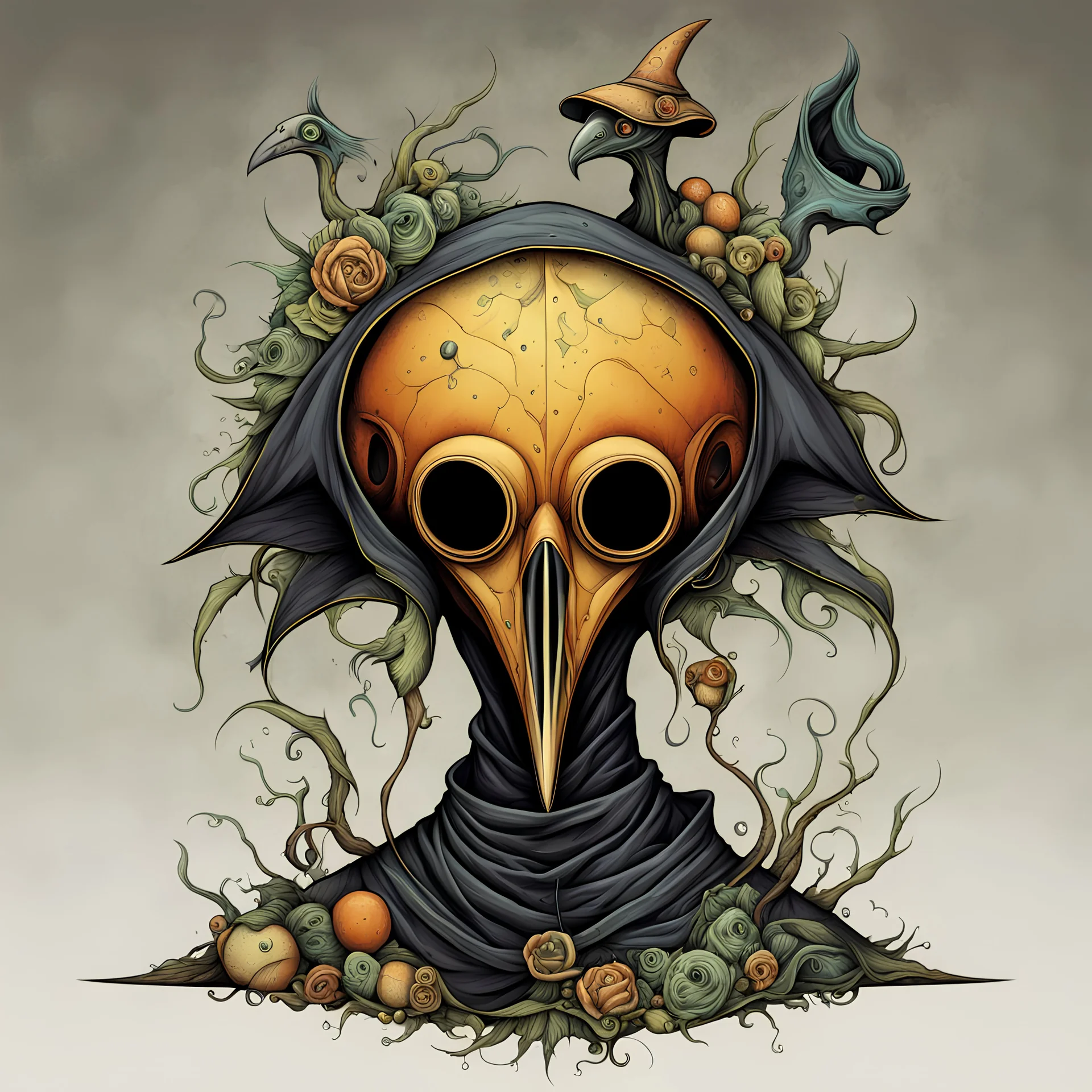 Surreal plague Doctor, by Jason Limon, surreal design, style by Jason Limon, strange, color ink illustration, sharp focus, eerie, artistic