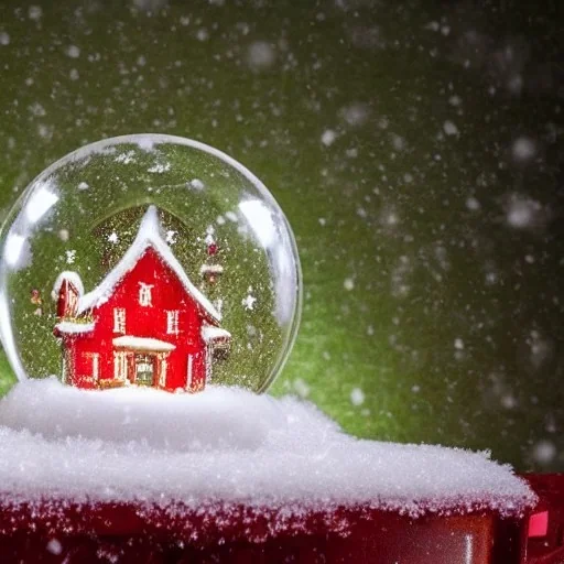 beautiful christmas snow globe inside a room with green walls and christmas wallpaper with snow fall in the window and in the snow globe, bright light shining through the snow globe with christmas elements inside