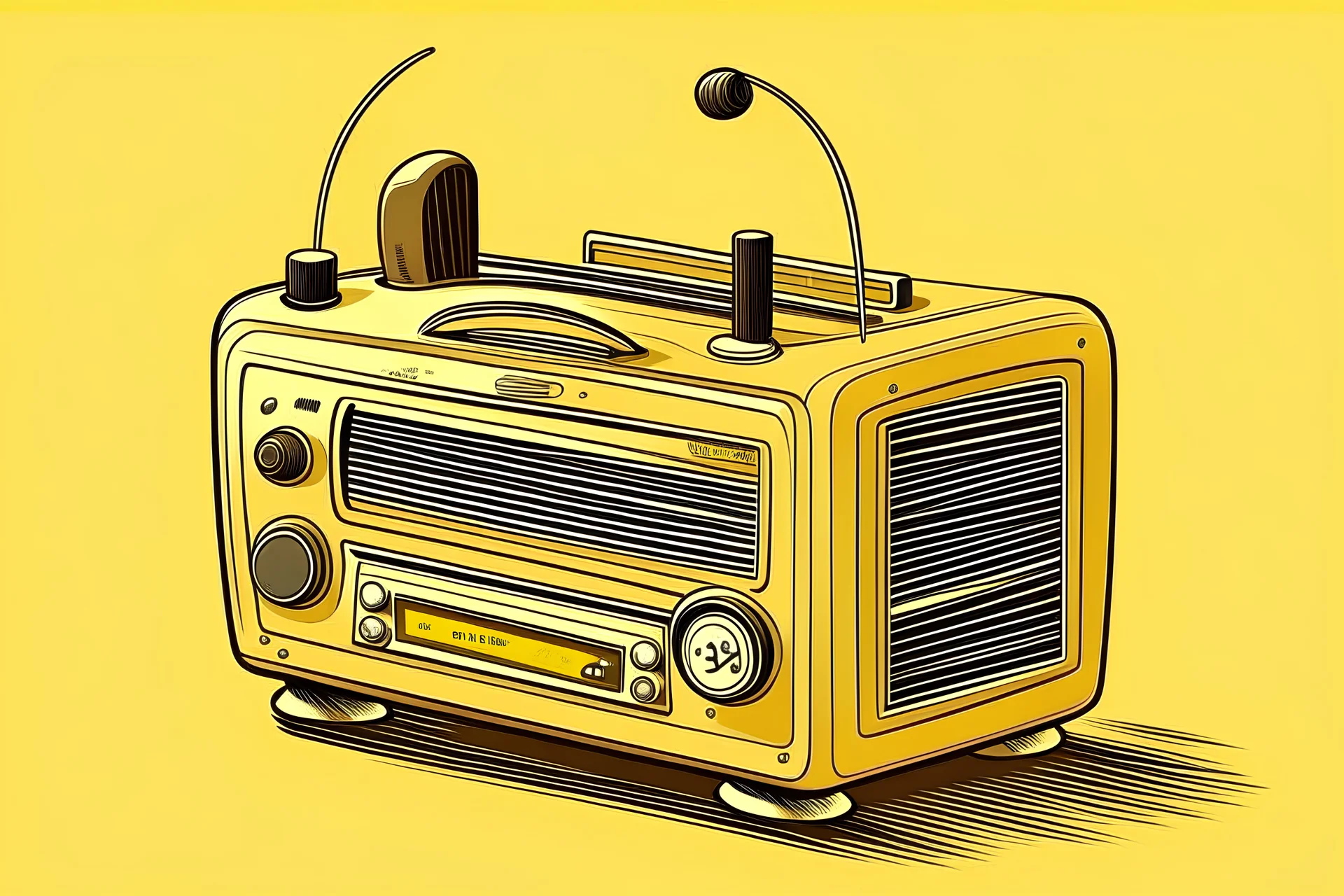 cartoon-looking brown colored vintage radio has an antenna sticking out from the top of it. a soft yellow dominates the entire background of the photo.