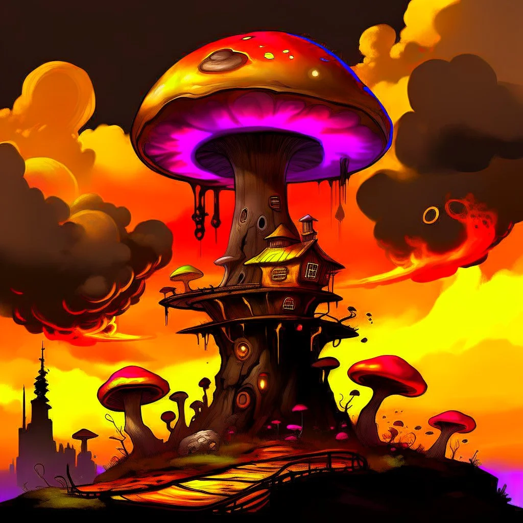 A fantabulous black, orange, and yellow (((mushroom tower house))) erected atop a (geologic pillar), surrounded by the uncanny imaginative ((( swirling skies))), offset by the stark hues of a (neon-tinged nebulous space scape), within. captured by the hand a skilled master painter with a focus on (softly blurred compositions and voluminous lighting).