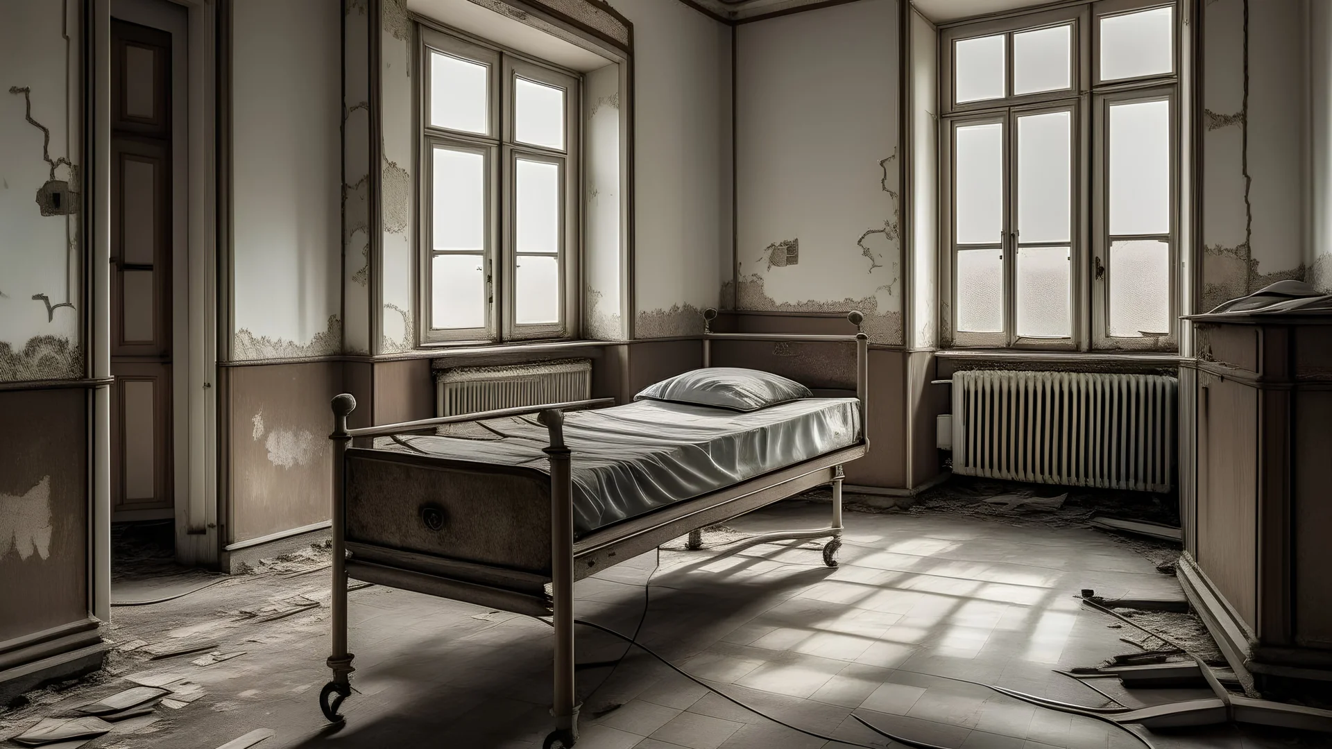 an abandoned hospital with a single bed