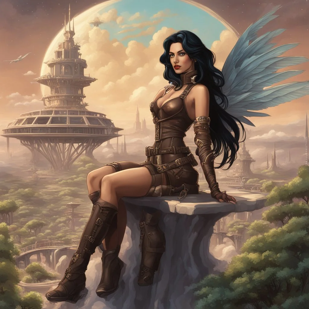 exotic sci-fi steampunk pin-up girl, with long dark hair and wings, on an alien planet with cloud trees, tall spires, buildings, bridges, arches