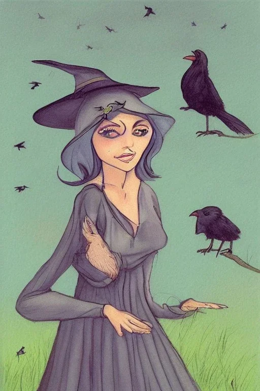 Friendly witch, playing with crows, perfect eyes, pastel colour, style Elisabeth Kreitz