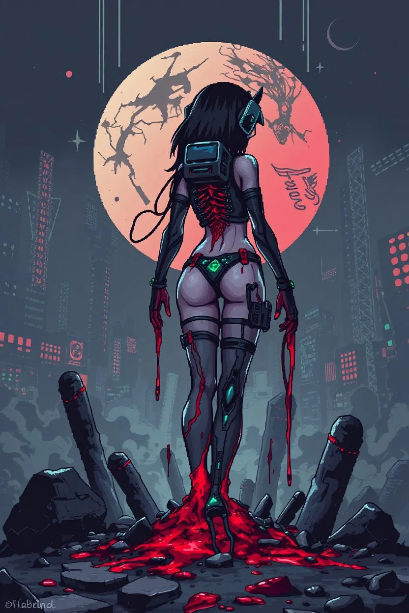 Girl cyberpunk, fullbody, behind blood guts rising from the ground, 8bits, pixel art,