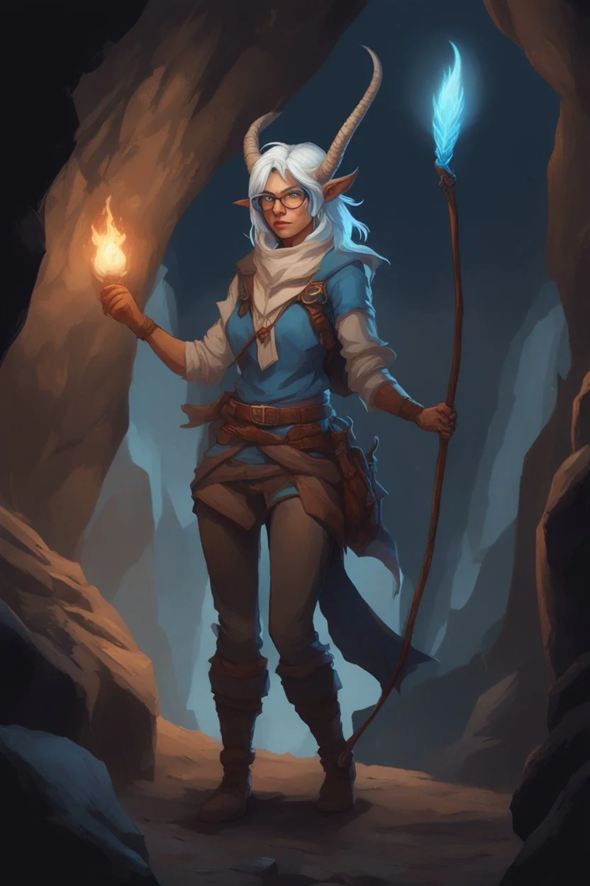 A Dnd character with a long tail and small horns in a dark cave. A female Tiefling archeologist with blue skin, white hair wearing glasses, in brown adventurer's clothes. Cunning, beautiful, cool.