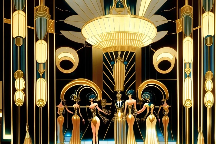 Inside an Art Deco Opera foyer, with mirrors and brass sconces, incandescent, gleaming, people in extravagant costumes by artist "Erte"