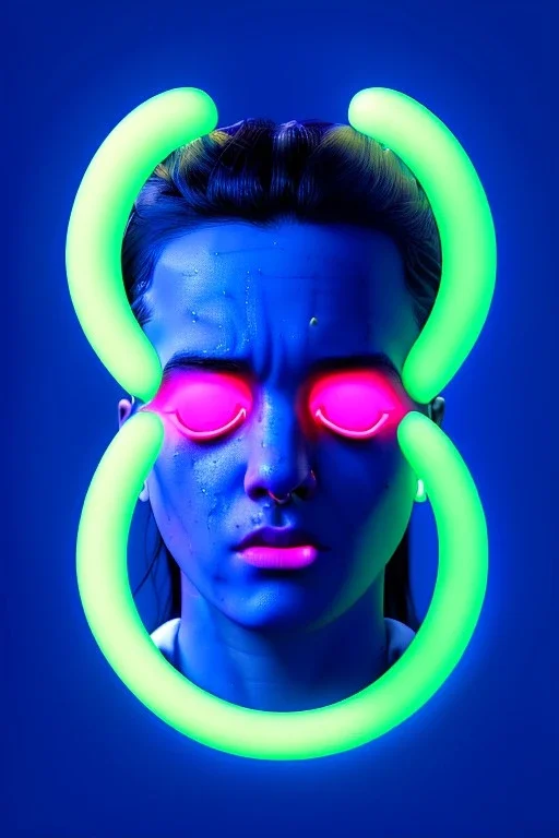 Ultra Realistic image, Rosalía artist, waist up portrait, black eye line, sweet angry face , gold, blue, pop style, pink spray line make up, geometric, led lights, neon, rings piercing, led ornament, fog, bubble latex coat, vibrant color, highly detailed, art stations, concept art, smooth, unreal engine 5, god rays, ray tracing, RTX, lumen lighting, ultra detail, volumetric lighting, 3d, finely drawn, high definition, high resolution.