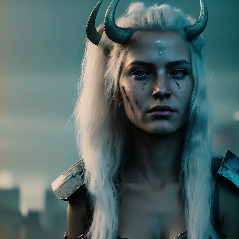 a moody close-up portrait of beautiful female warrior with long white hair and horns in a cyberpunk city, volumetric lighting, particals, intricate detail,realistic, 8k