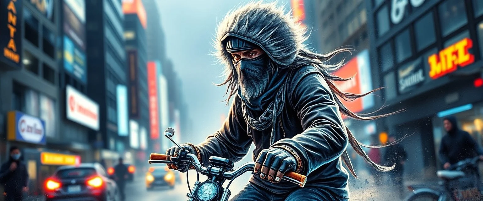 Rembrandt wall poster of ninja transparent biker weasel rasta man with cute fur, in big cyberpunk city crossover, volume light and motion blur, airbrush and pen outline