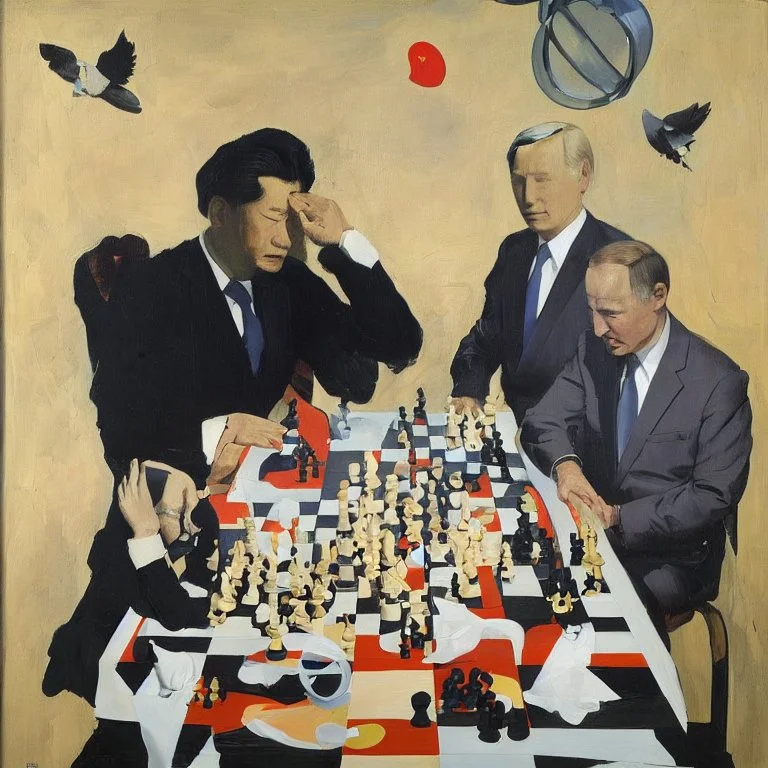 Putin, President Xi Of China And Joe Biden Play Chess With A Pigeon,Ufo,Complex Surgical Instruments Intermixed With A Newborn Boy,Minimalism,Painting By Adrian Ghenie,Rene Magritte,Pablo Picasso,Michelangelo,Salvador Dali,Lucian Freud