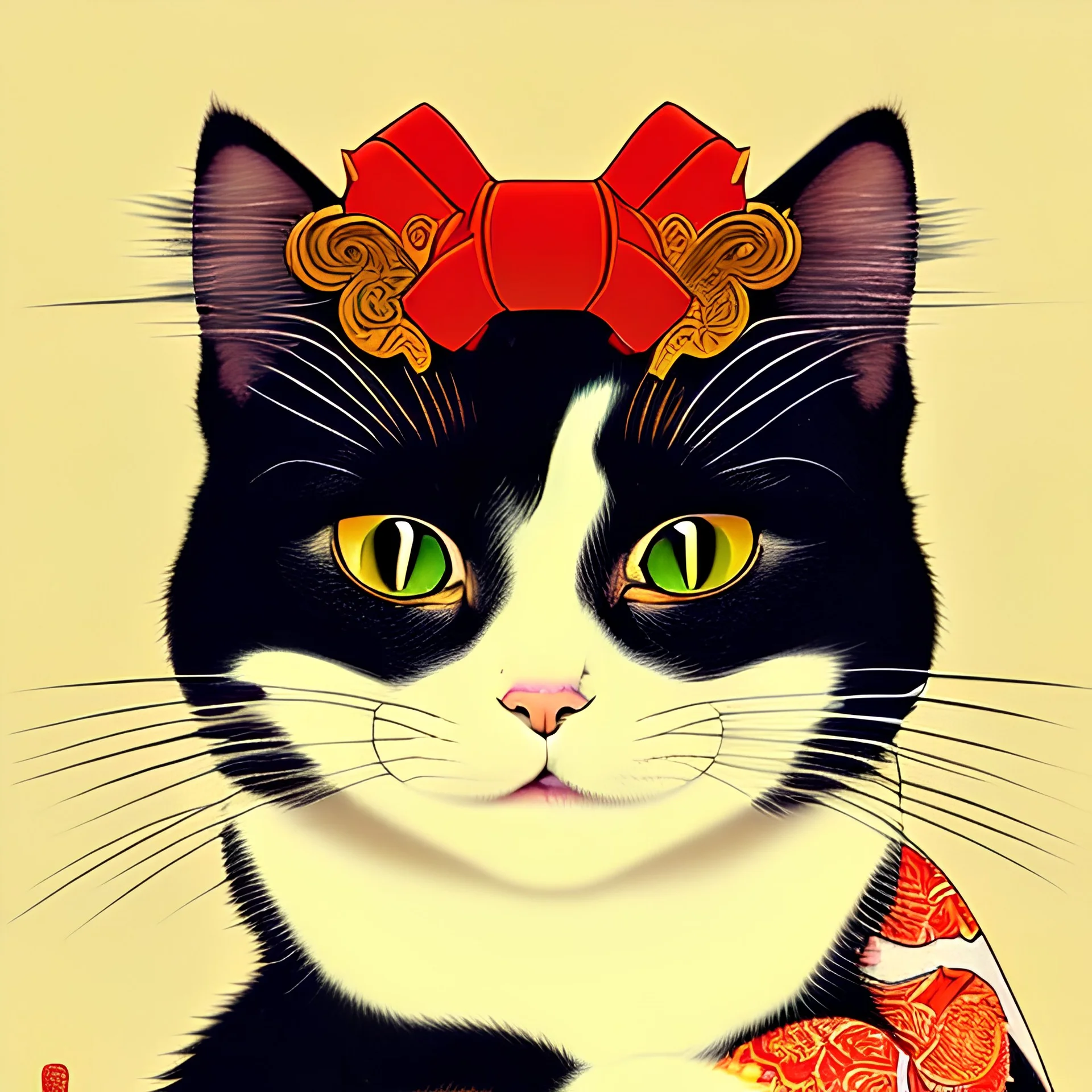 Ukiyo-e Style ,cute cat, with full details, full HD