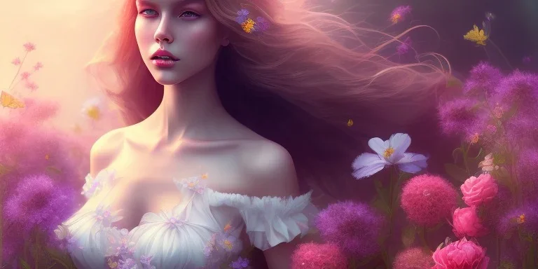 girl buried in flowers, beautiful, magical