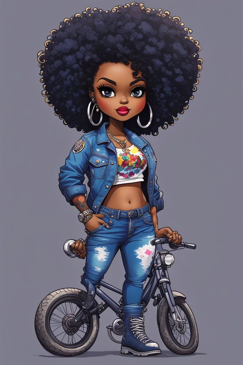 create an pop punk illustration of a chibi cartoon voluptuous black female wearing a blue jean outfit with a tie dye tshirt with biker boots. Prominent make up with hazel eyes. Extremely highly detail of a tight curly black and shiny afro. Background of a bike show