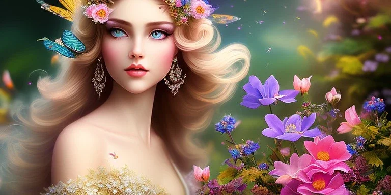 bright fairy, beautiful portrait, flowery landscape