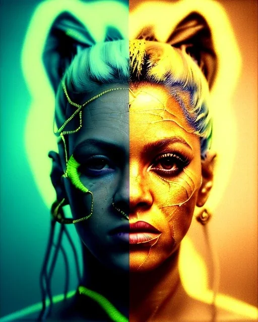 portrait, Shakira, blonde artist, angry, Realistic image, MMA robe, hoodie, mma gloves, fight pose, make-up make-up, gold line make-up, sweat, fog, goddess style, Neon colors, leds. Black background, photo studio, concept art, smooth, unreal engine 5, god lights, ray tracing, RTX, lumen lighting, ultra detail, volumetric lighting, 3d, finely drawn, high definition, 4k.