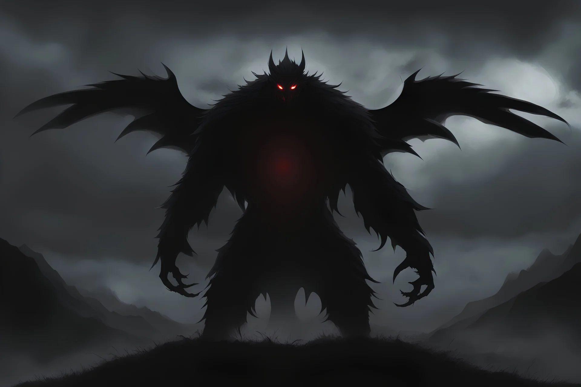 Anime art of dark silhouette of black monster with long and clawed hands and black torn wings, red eyes in dark, Half of the body is immersed in darkness, Dark cloud underfoot, dark fog around, shadows around, Average point of view, perspective, facing ahead, silhouette, art, cel shading, playing shadows, Pastel dark colors. Avant-garde art, in front of a red background, art by Alexander Cabanel, cyberpunk art, inspired by Ai-Mitsu, trending on cgsociety, mechanized soldier girl, character art