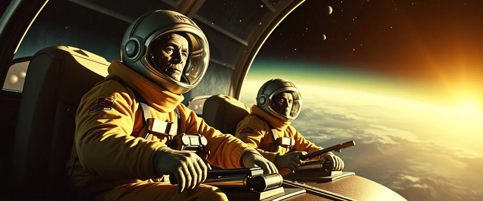 movie poster, soap opera, cowboy astronauts in a spaceship , space alien Abominable Yeti