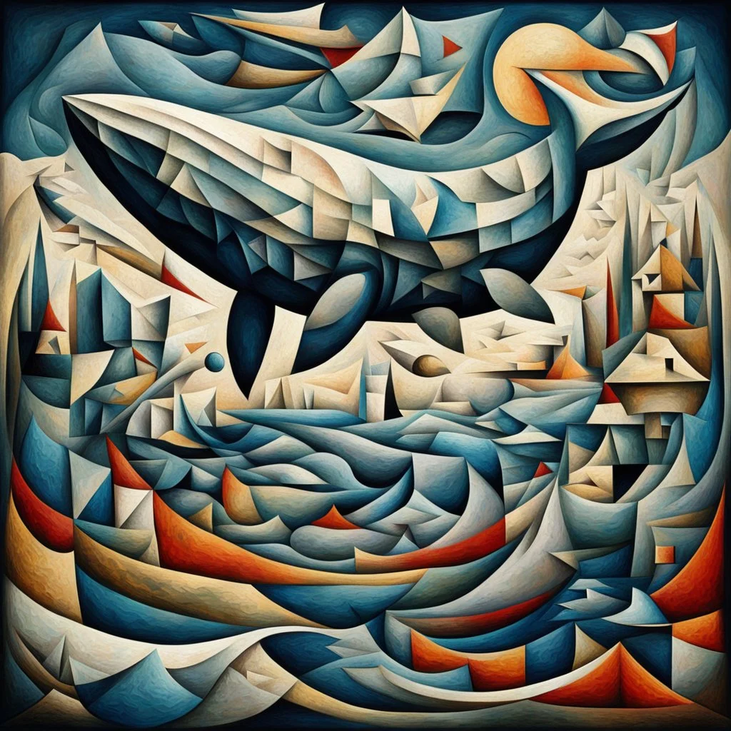 Surreal Cubist Dreamscape; by Picasso, surreal fragmented flying whale