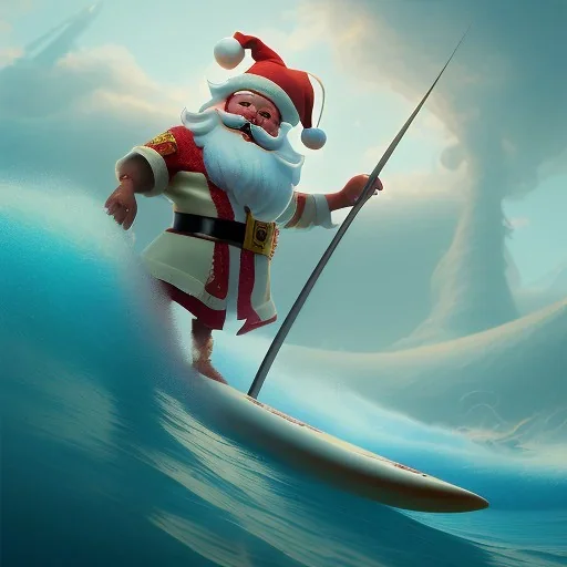 Santa standing of surfboard surfing a big wave, surfboard, beach, character design by cory loftis, fenghua zhong, ryohei hase, ismail inceoglu and ruan jia. unreal engine 5, artistic lighting, highly detailed, photorealistic, fantasy