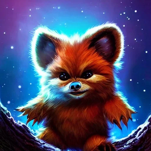 cute chubby gremlin ewok fox monster, friendly, darling creature, pet monster, meticulously detailed fur, cute face, pastel freckle spots, smile, four enormous clear bright neon eyes, huge, pointed ears; colorful; by Aleksandr Kumpan, CreatureBox, Justin Gerard; luminous color sparkles, 3D realistic, photorealism, high contrast