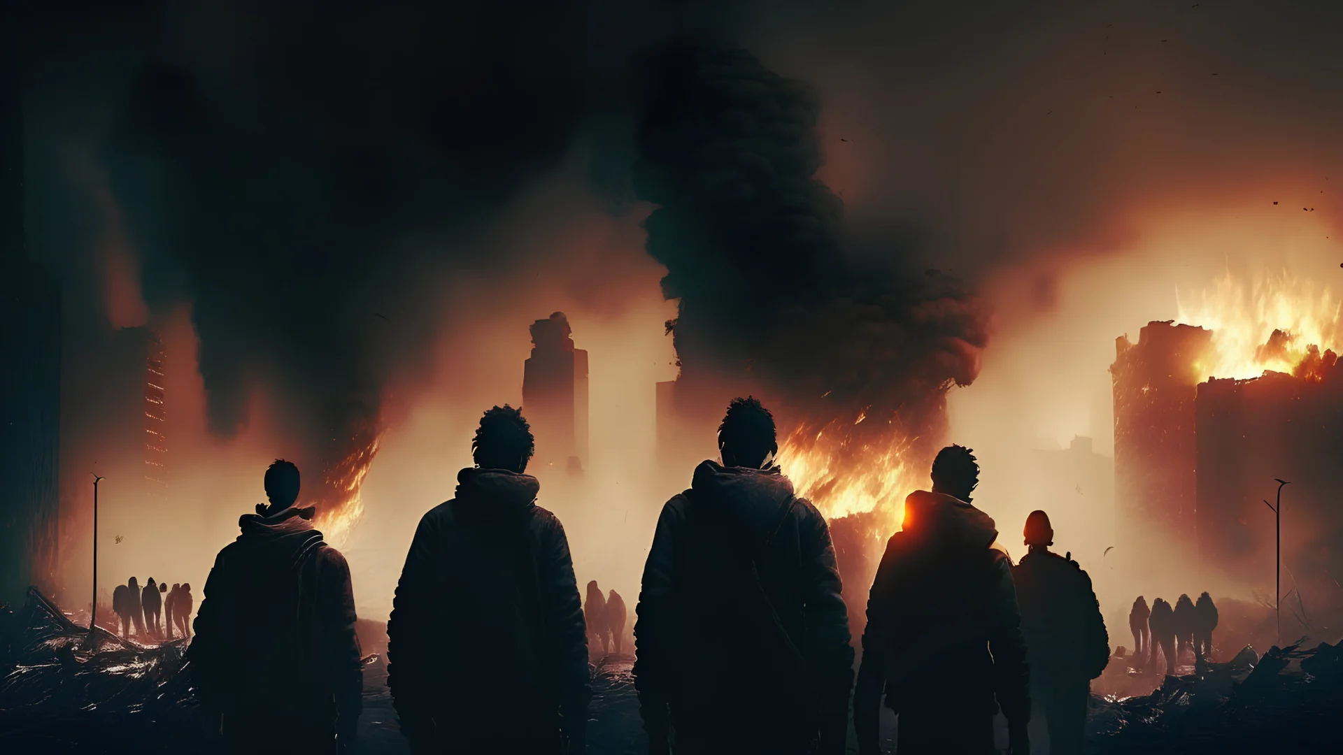/imagine prompt: realistic, personality: [The opening shot showcases a panoramic view of a city engulfed in flames. Smoke billows into the darkened sky, creating an atmosphere of chaos and despair. The camera slowly zooms in on a group of young men, their faces filled with determination and courage as they stand amidst the destruction. The flickering flames illuminate their expressions, reflecting their unwavering resolve to bring light back to their homeland.] unreal engine, hyper real --q 2 --