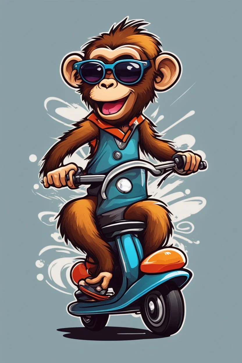 Monkey riding on a scooter making a wheelie with sunglasses on, cartoonize, logo