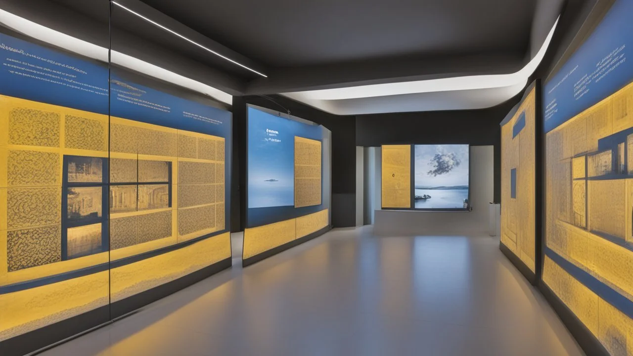 Interactive display screens in the Naqshahat Museum showroom, measuring 10 meters by 14 metres