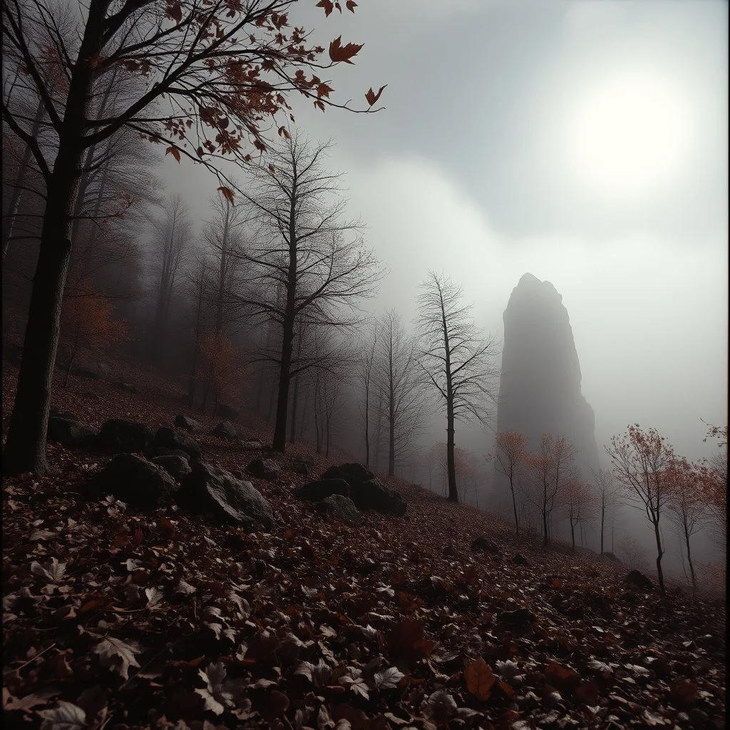 Close-up Ilford photograph of a creepy surreal landscape, autumn, eerie, no style, dead leaves, very surreal, trees, spooky, metaphysical objects, giant sun, intricate, thoughtful, appalling, mountain rocks, deep 3d field, 8k, hypermaximalist, lot of fog