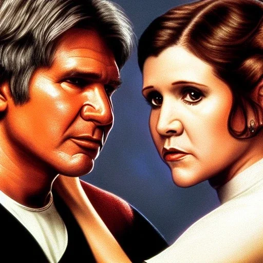 middle-aged carrie fisher embracing harrison ford in star wars, waist up portrait, photorealistic faces, intricate, masterpiece, expert, insanely detailed, 4k resolution, cinematic smooth, intricate detail , soft smooth lighting, soft pastel colors,