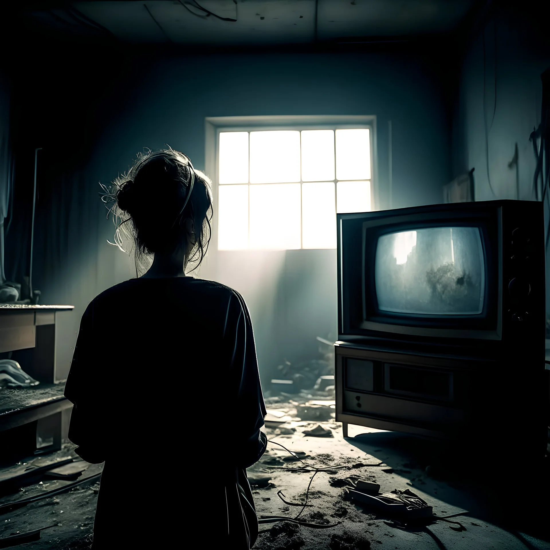 an epic, intricate, highly detailed and ultra realistic photography of a woman seen from behind-semi-profile looking at a television that is in front of her in an abandoned hospital room. water on the floor, candles, broken objects around, diffuse light, hazy atmosphere, smoke