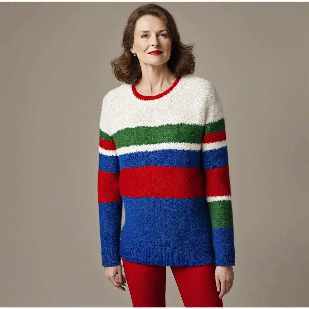 Jeanne Polge wearing nothing more than an Ugly Christmas Sweater by Nicolas de Staël: solid areas of primary colors