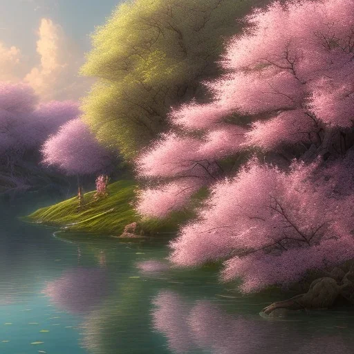 the most stunning, gorgeous cherryblossom tree on a lush island with reflective lake, high-detailed, fine-detailed, intricate, 8k resolution, digital art, detailed matte, volumetric lighting, dynamic lighting, ornate, baroque, illustration, 3D octane render, brian froud, howard lyon, selina french, greg rutowski