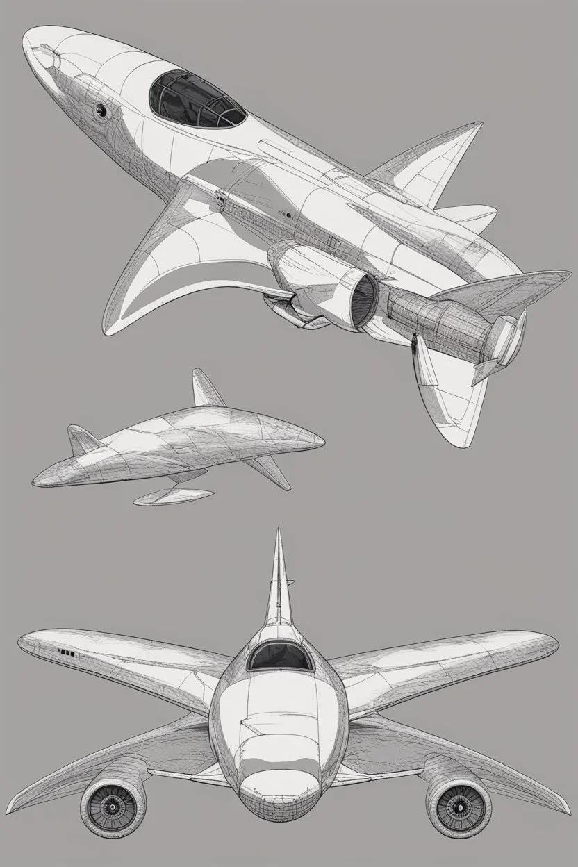 aeroplane inspired by shark with side view , quarter rear and front view