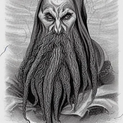 Cthulhu with white skin and a beard made of fleshy tentacles as a Russian Orthodox nosferatu vampire