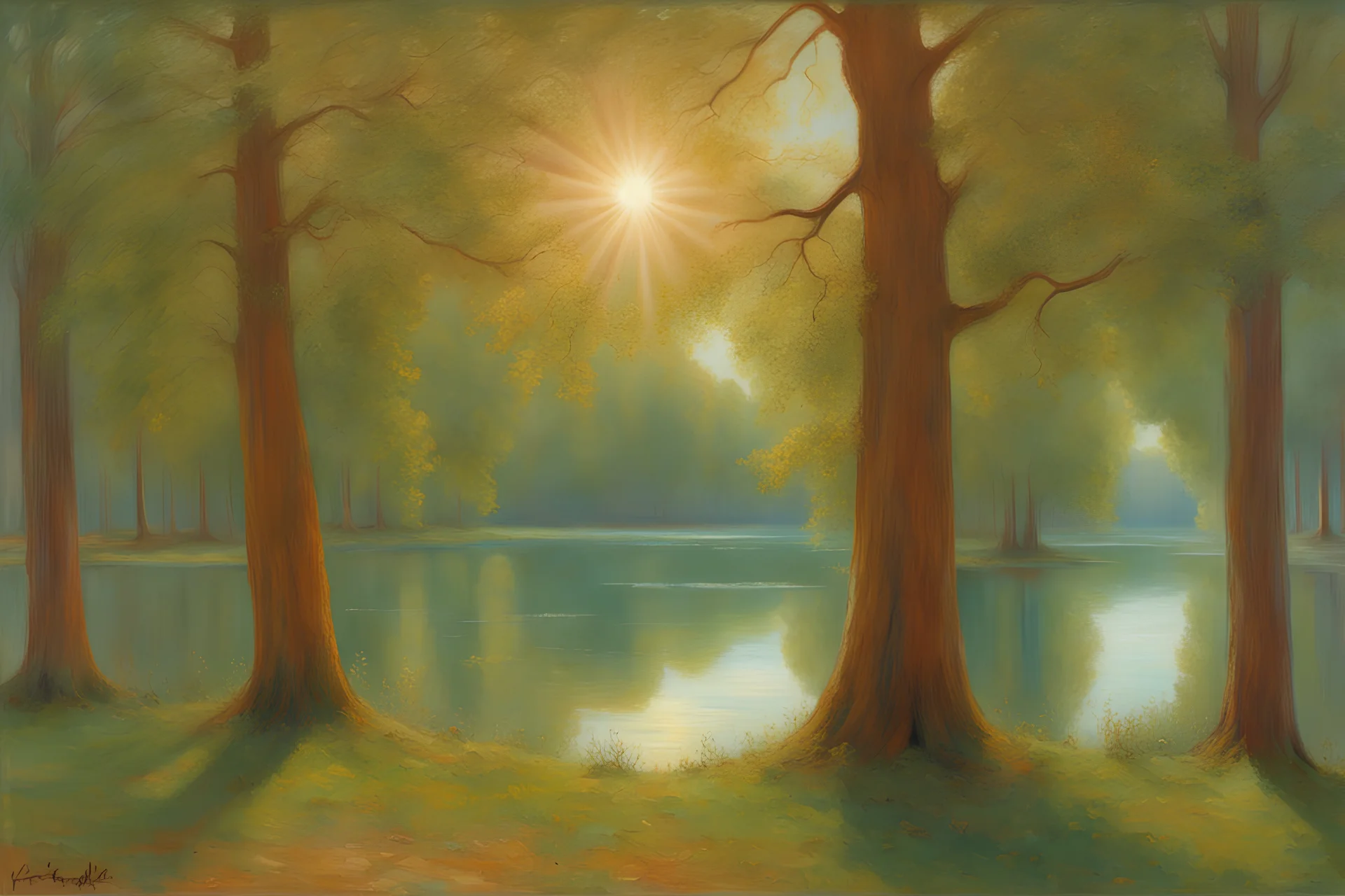 sunny day, lake, trees, sci-fi, trascendent, cosmic influence, friedrich eckenfelder and hans am ende impressionism paintings