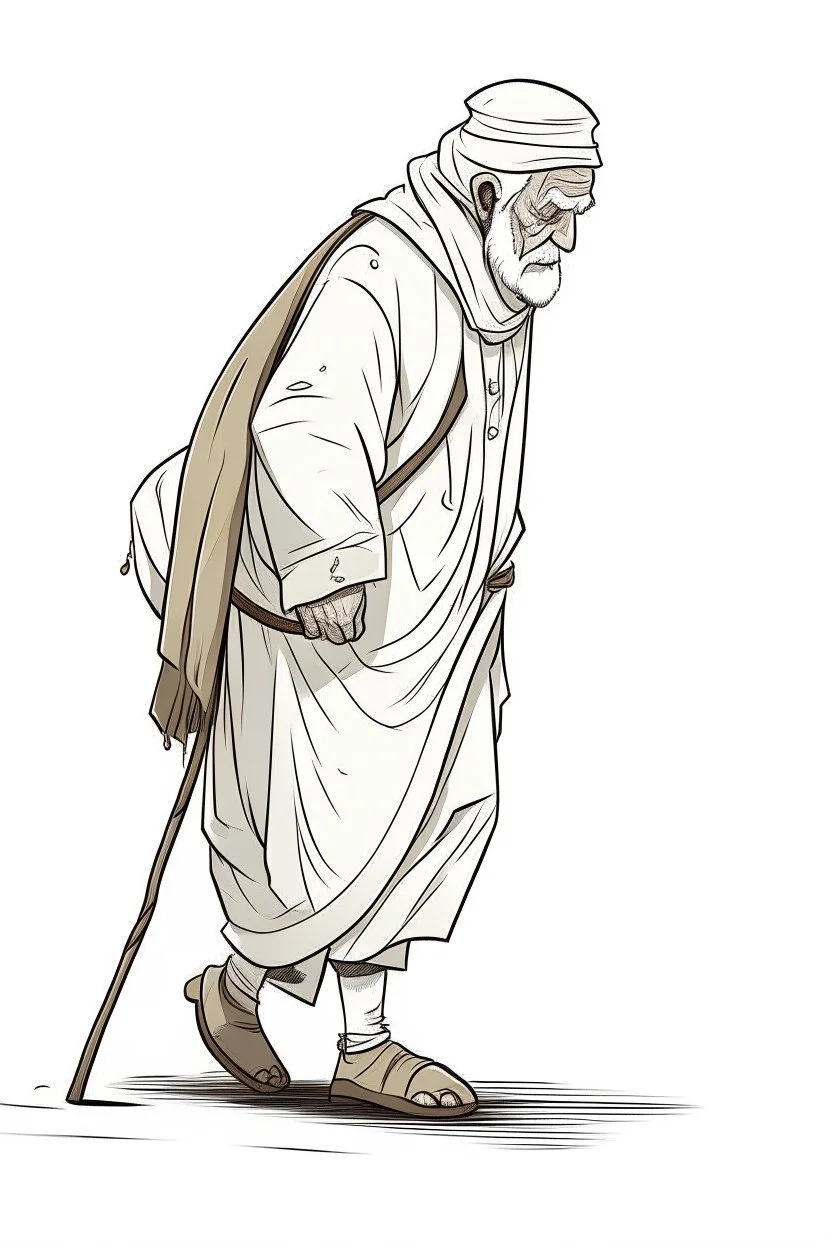 "Draw an old person wearing traditional Arab clothes, hunched back, and walking with a cane."