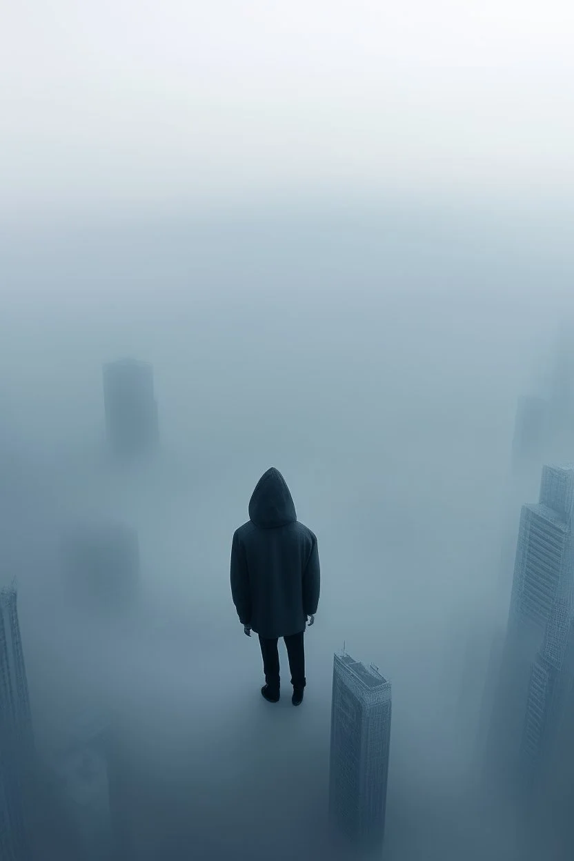 A hooded figure In the fog standing on city high tower building looking down below to the big crowded city buildings
