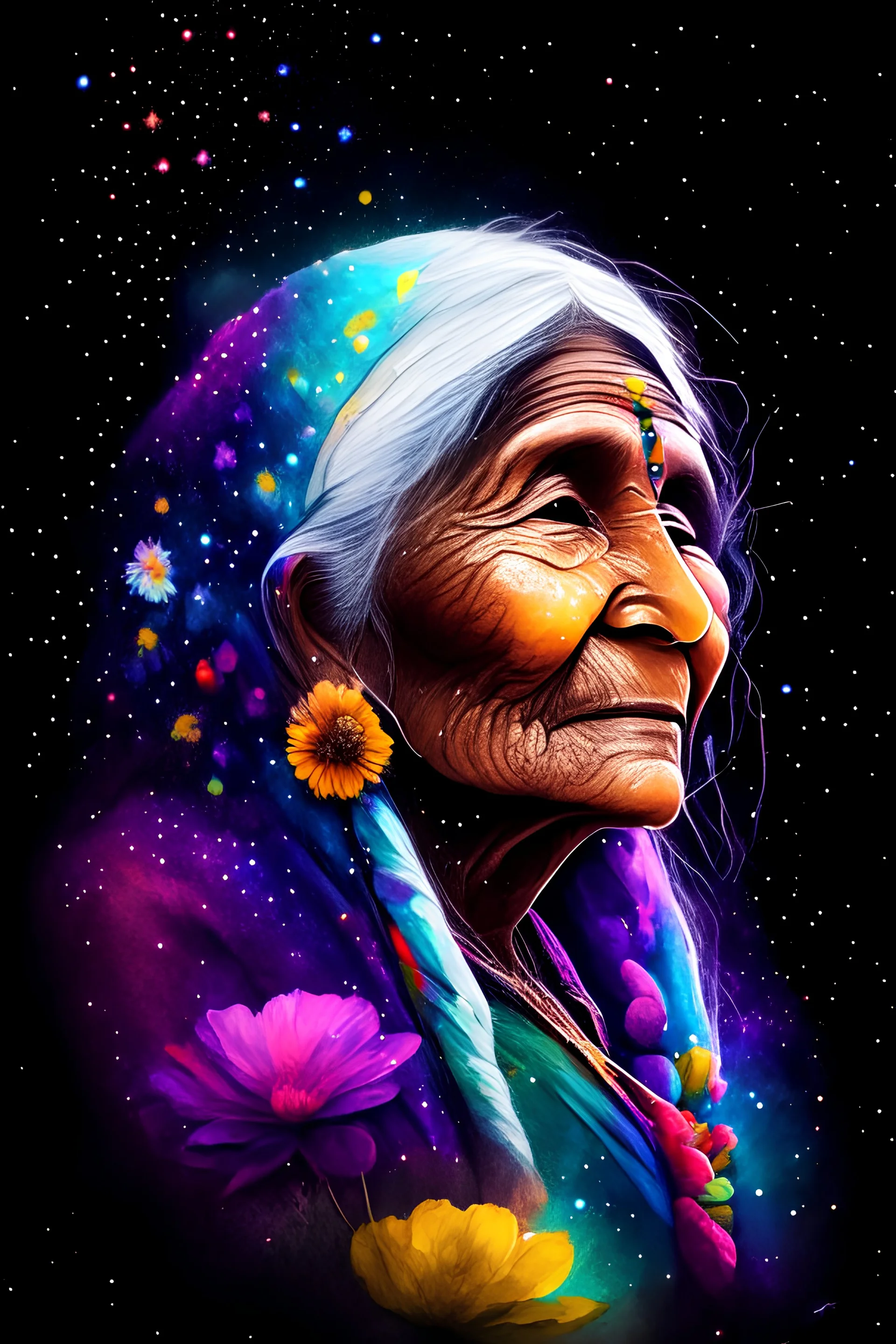 watercolor of Old indian Woman Baba jaga Portrait with beautyful Flowers, black background, vibrant splashes of colorf, cinematic lighting, 8k resolution, rainbow space, stars, cosmic space,