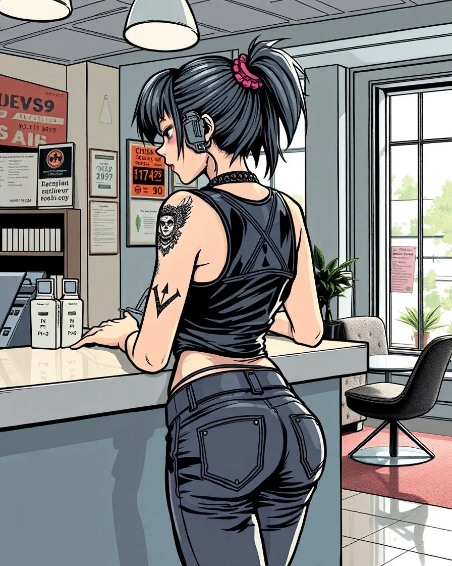 tank-girl punk emo girl hands on counter and leaning backward away from a reception desk, side view, american comicbook