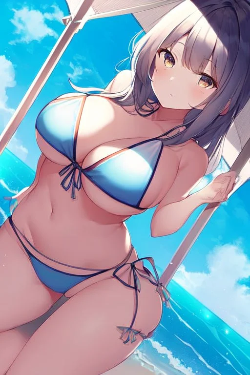 waifu at beach in a bikini with her back turned