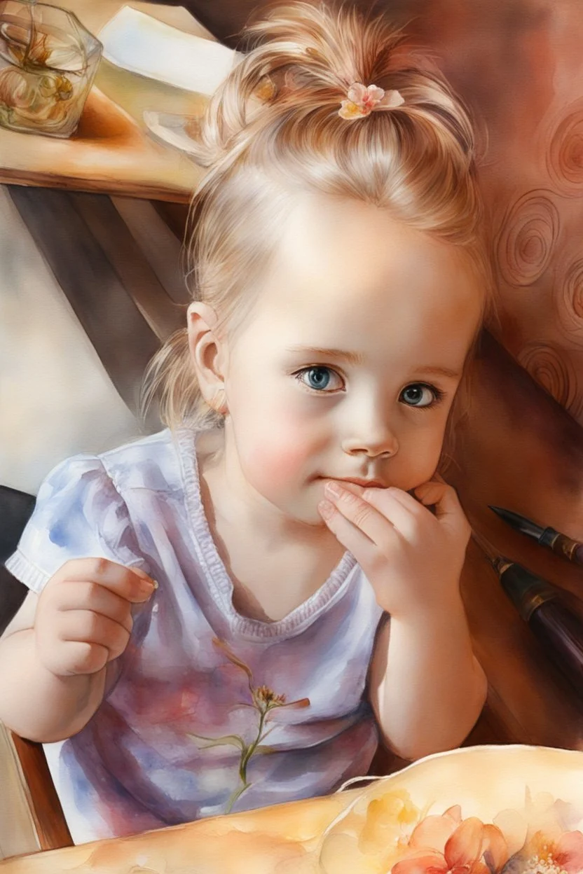 watercolor painting of a beautiful portrait of a 5 year old girl realistic skin texture, flower in her hair, looking into the camera, Anna Razumovskaya style, atmospheric light, realistic colors