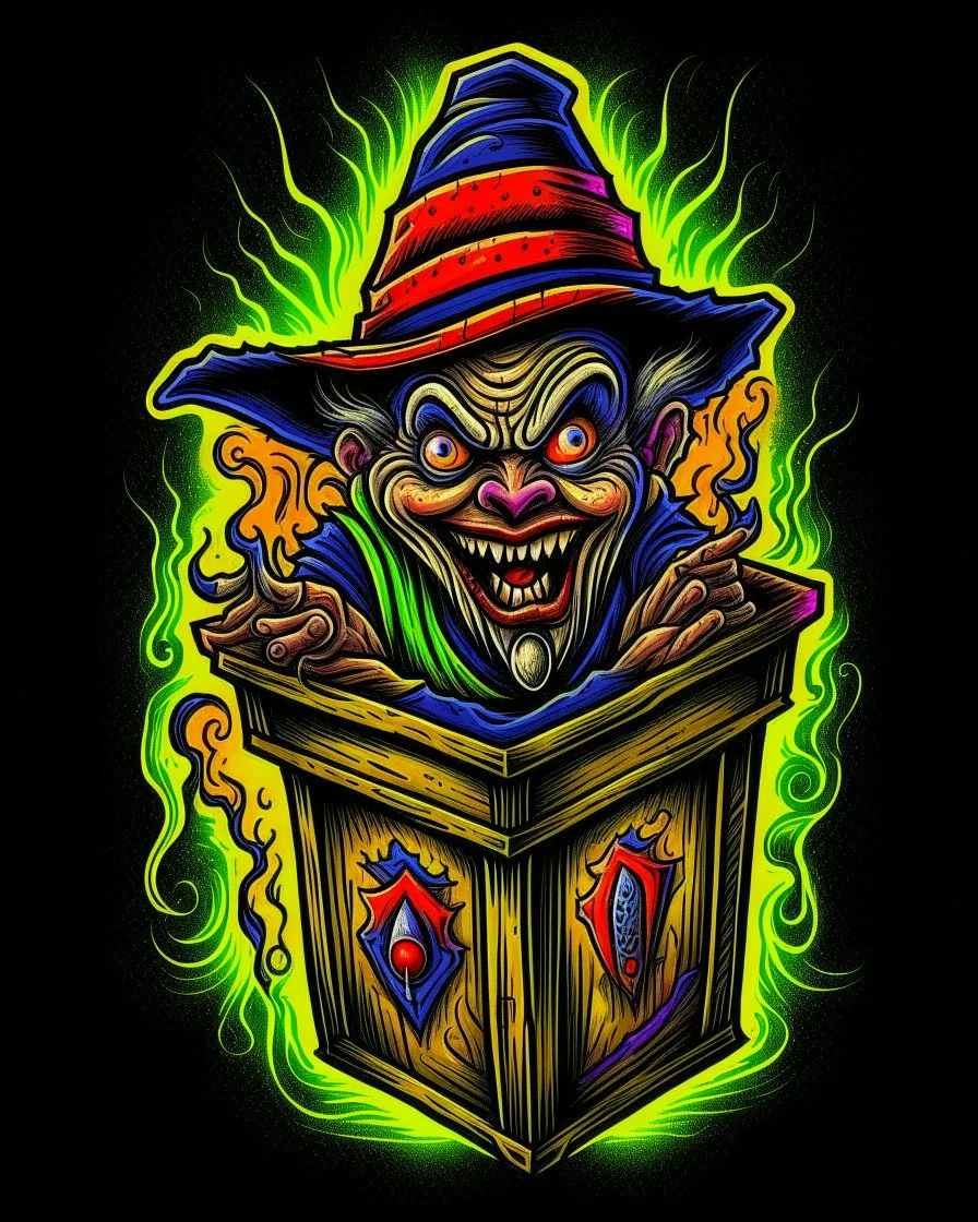 Scary Jack in the box tattoo design, traditional tattoo style, t-shirt design, fantasy art, digital painting, clean dark background, 8K