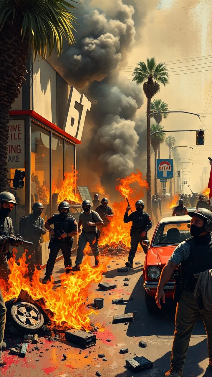 Bosh painting style nightmare, A riot broke up in the streets , a lot of masked people are fighting with police . Smoke and fires in the store and burning cars in Los Angeles