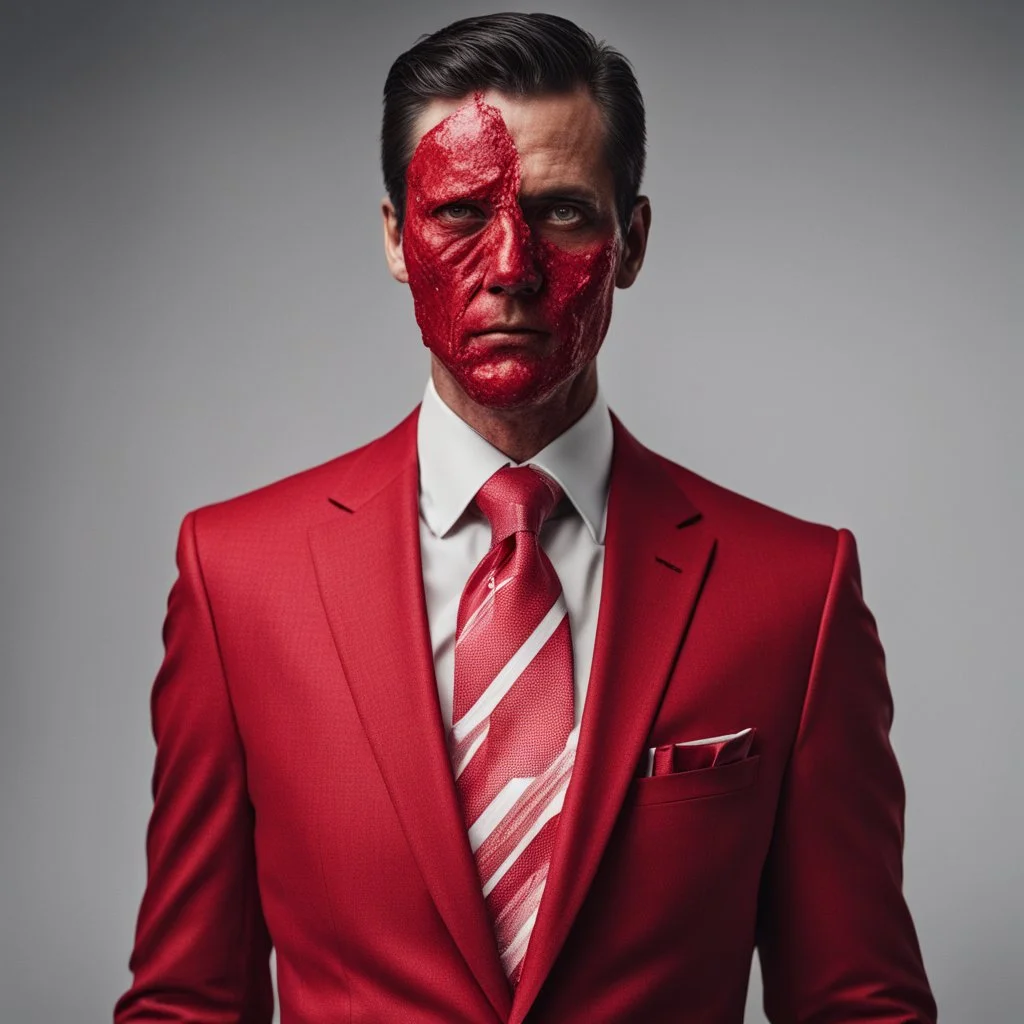 a man wearing a red suit with a red tie who is missing the skin on his face